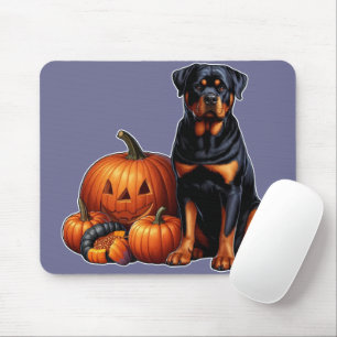Rottweiler Hund von Halloween Pumpkins sitzend Mousepad