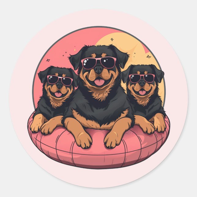 Rottweiler Hunde Sommer Pool Flolows Runder Aufkleber (Vorderseite)