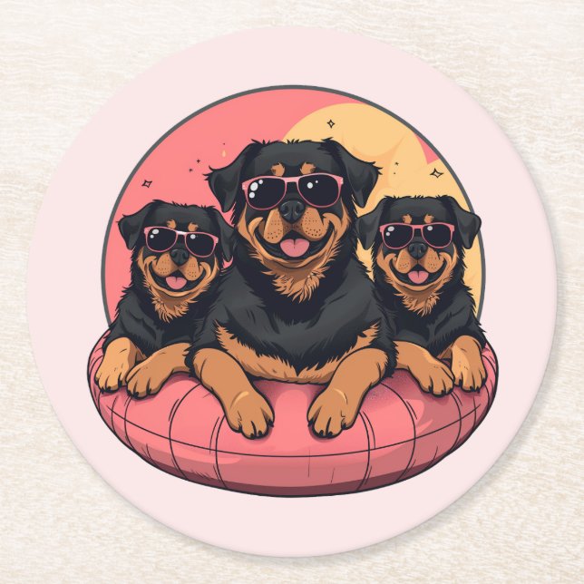 Rottweiler Hunde Sommer Pool Flolows Runder Pappuntersetzer (Vorderseite)