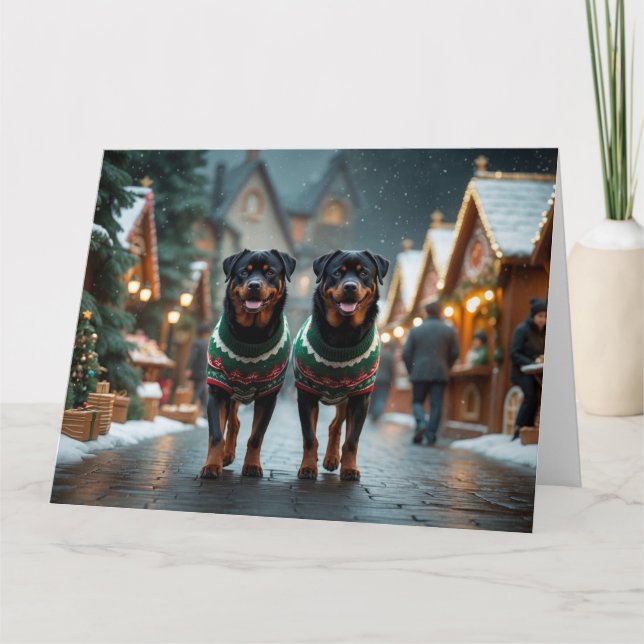 Rottweiler Hunde Weihnachtsschneeurlaub Karte (Vorderseite)