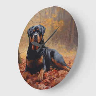 Rottweiler im Herbst Leaves Fall Inspiriert Große Wanduhr
