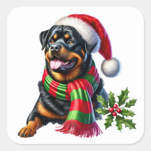 Rottweiler in einem Weihnachtshut und Scarf Quadratischer Aufkleber