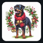 Rottweiler in einem Weihnachtskranz mit Glocken Quadratischer Aufkleber<br><div class="desc">Ein fröhlicher Rottweiler steht stolz inmitten eines festlichen Weihnachtskranzes mit Heiligen,  Beeren und dekorativen Glocken. Der Hund trägt einen gemütlichen roten Schal,  der den fröhlichen Urlaubsgeist verstärkt.</div>