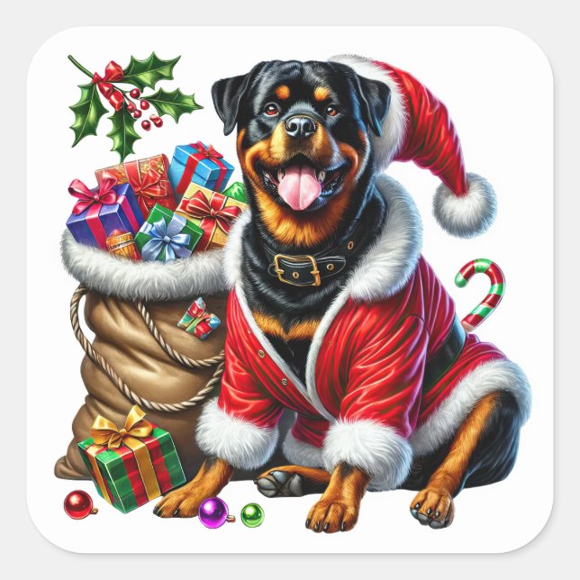 Rottweiler in festlicher Kleidung mit Weihnachtsge Quadratischer Aufkleber (Vorderseite)