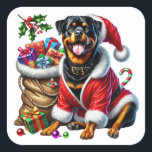 Rottweiler in festlicher Kleidung mit Weihnachtsge Quadratischer Aufkleber<br><div class="desc">Ein fröhlicher Rottweiler in einem Santa-Outfit gekleidet sitzt neben einem Sack voller bunter Weihnachtsgeschenke. Der Hund wirkt fröhlich und zeigt seine spielerische Natur in einem festlichen Rahmen mit Feriendekorationen und hellen Farben.</div>