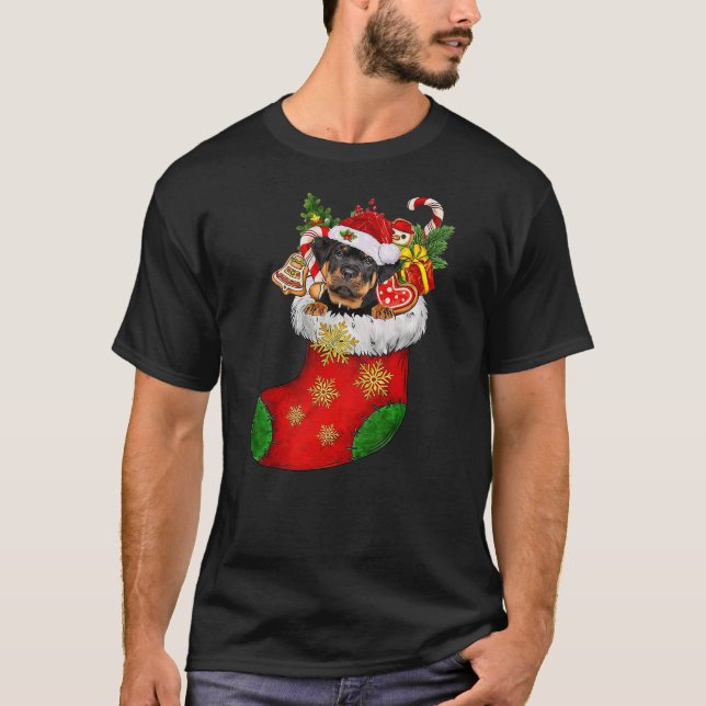 Rottweiler In Sock Christmas Santa Hat Xmas Dog Lo T-Shirt (Vorderseite)