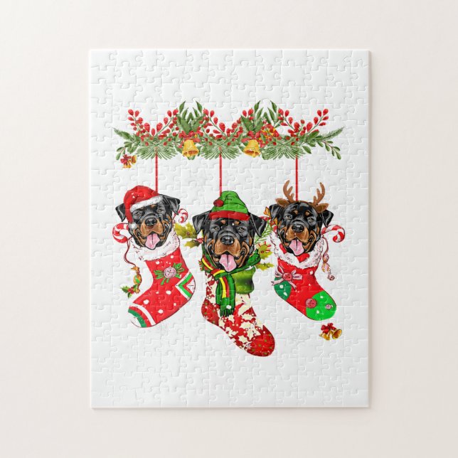 Rottweiler in Socken Weihnachten Weihnachtsmannmüt Puzzle (Vertikal)