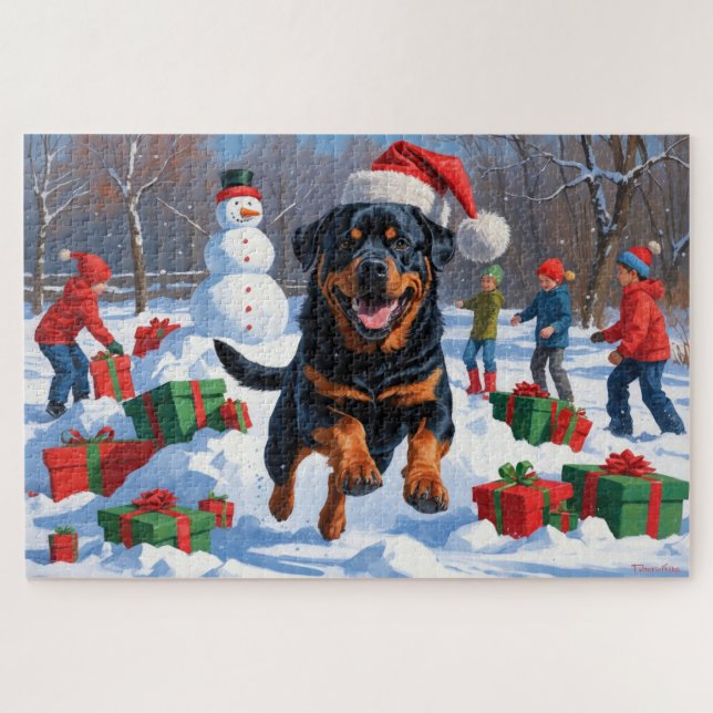 Rottweiler läuft im Schnee mit Weihnachtshut Puzzle (Horizontal)