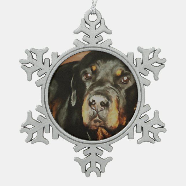 Rottweiler Lover Pet Portrait Schneeflocken Zinn-Ornament (Vorderseite)