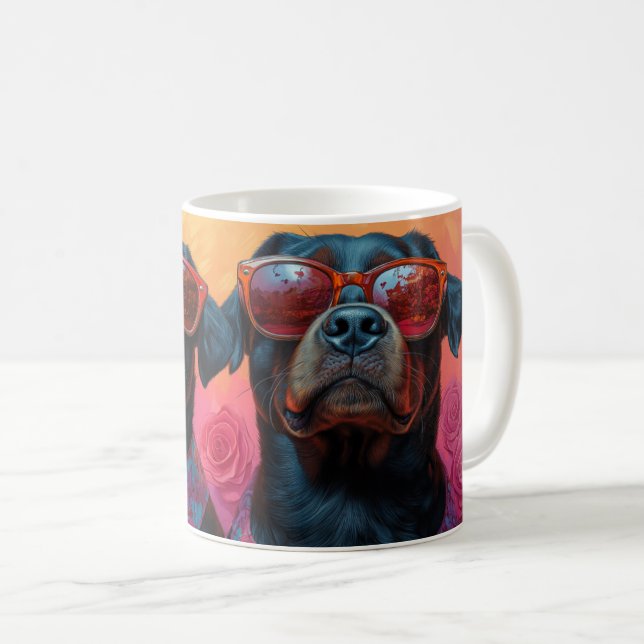 Rottweiler mit Herz-Rose Valentinstag Kaffeetasse (VorderseiteRechts)
