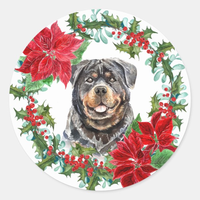 Rottweiler Poinsettia Holly Berry Weihnachtsschrea Runder Aufkleber (Vorderseite)