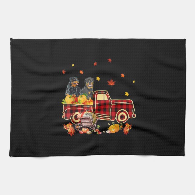 Rottweiler Pumpkin Truck Fall Leaf Erntedank Geschirrtuch (Horizontal)