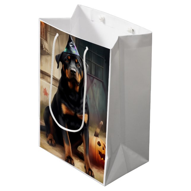 Rottweiler Pumpkins Halloween Beängstigend Mittlere Geschenktüte (Vorderseite Schrägansicht)