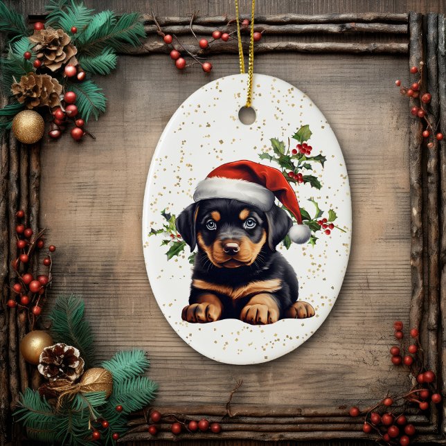 Rottweiler Puppy Christmas Holly Keramik Ornament (Von Creator hochgeladen)