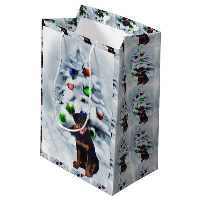 Rottweiler Puppy Christmas Mittlere Geschenktüte (Rückseite Schrägansicht)
