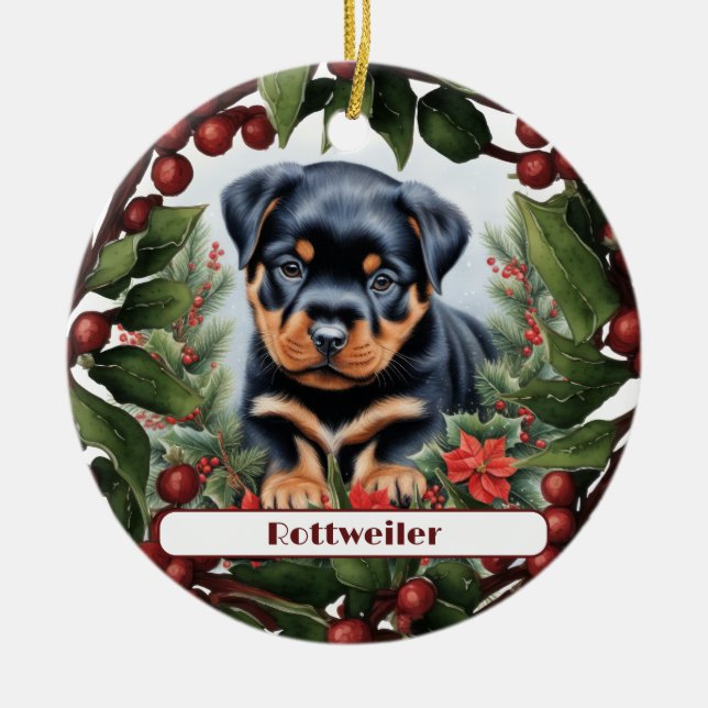 Rottweiler Puppy Holiday Joy Custom Christmas Keramik Ornament (Vorne)