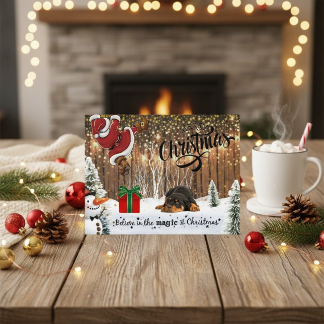 Rottweiler Puppy & Weihnachten (Rottweiler Puppy Santa Gift Christmas Holiday Postcard)