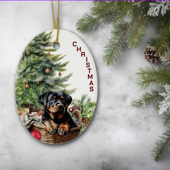 Rottweiler Puppy Wicker Basket Weihnachten Keramik Ornament (Von Creator hochgeladen)