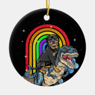 Rottweiler Riding Dinosaur T rex Rainbow Keramik Ornament