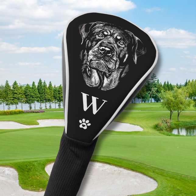 Rottweiler Rottie Dog Monogram Initial Black White Golf Headcover (Personalize with your monogram initial)