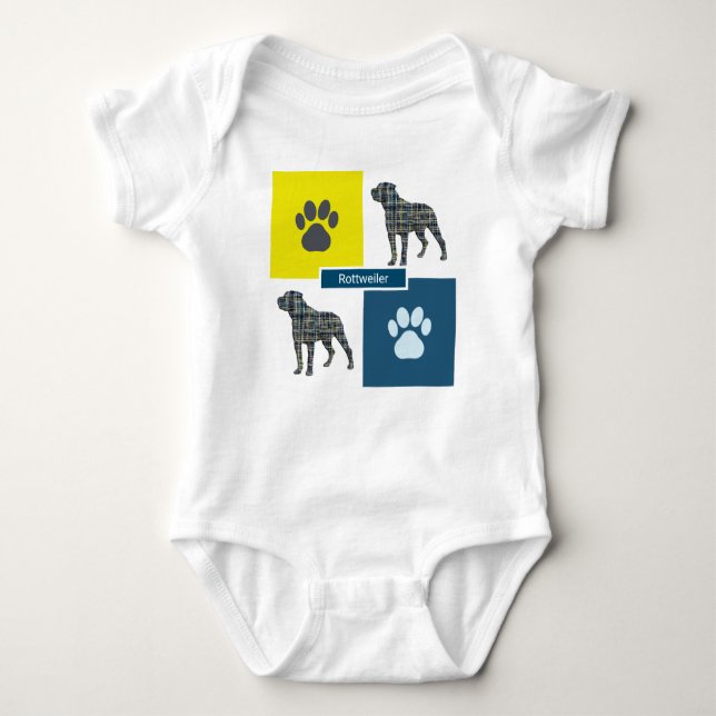 Rottweiler Silhouette Hund & Paw Gelb & Blau Grid Baby Strampler (Vorderseite)
