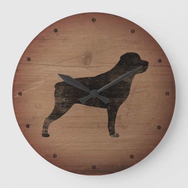 Rottweiler Silhouette Rustikal Große Wanduhr (Vorderseite)