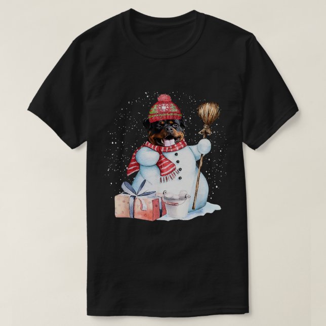 Rottweiler Snowman Snow Night Christmas Dog Lover T-Shirt (Design vorne)