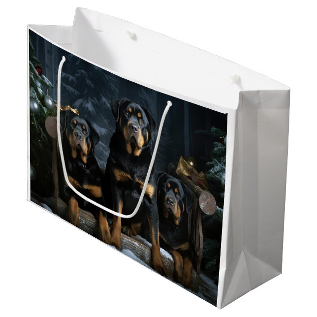 Rottweiler Snowy Sleigh Weihnachtsdekor Große Geschenktüte (Vorderseite Schrägansicht)