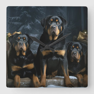 Rottweiler Snowy Sleigh Weihnachtsdekoration Quadratische Wanduhr