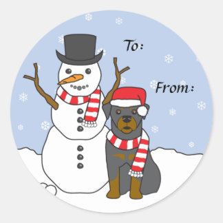 Rottweiler und Snowman Runder Aufkleber