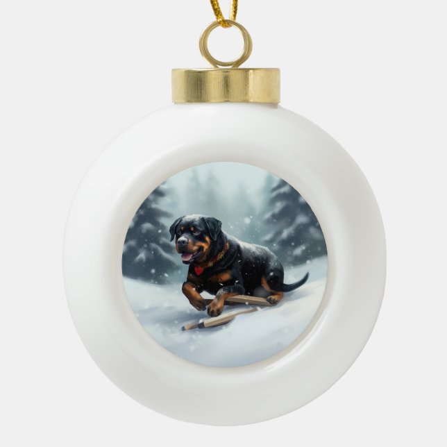 Rottweiler Weihnachtsschnee Winter Kissen Keramik Kugel-Ornament (Vorderseite)