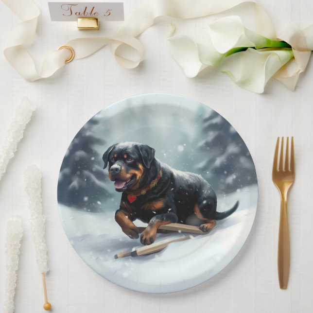 Rottweiler Weihnachtsschnee Winter Kissen Pappteller (Hochzeit)