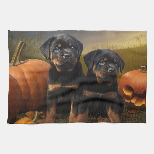 Rottweiler Welpe Herbst Delight Pumpen Geschirrtuch (Horizontal)