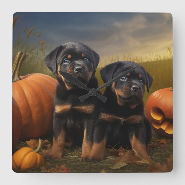 Rottweiler Welpe Herbst Delight Pumpen Quadratische Wanduhr (Vorderseite)