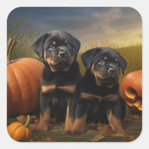 Rottweiler Welpe Herbstvergnügen Kürbis Quadratischer Aufkleber