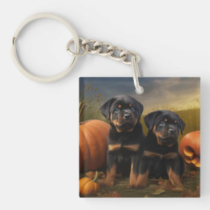 Rottweiler Welpe Herbstvergnügen Kürbis Schlüsselanhänger
