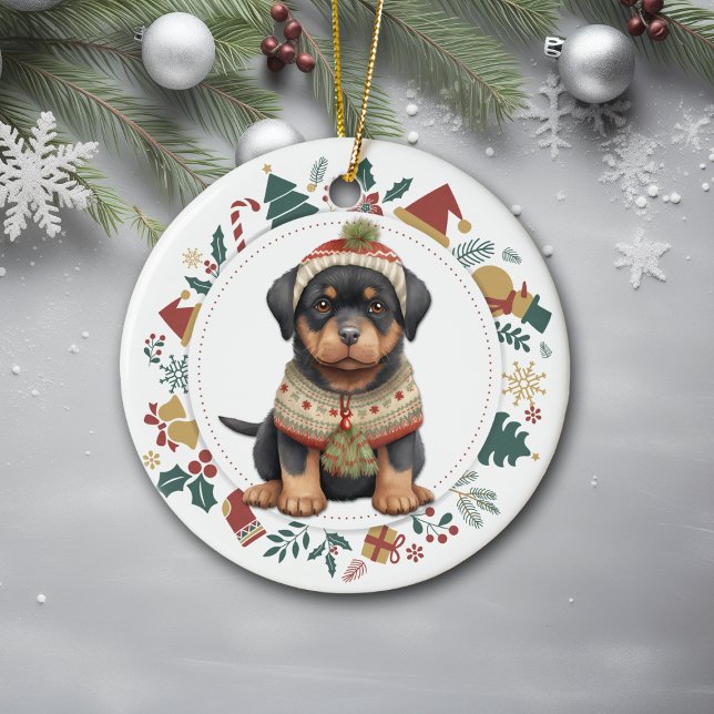 Rottweiler Welpe im Winter Weihnachten im Winter Keramik Ornament (Von Creator hochgeladen)