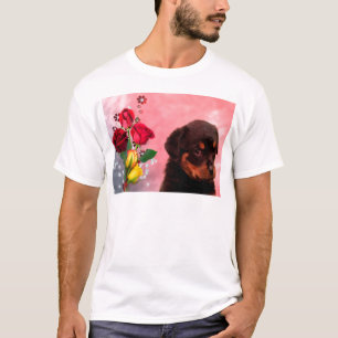 Rottweiler Welpe mit Rot- und Gelbblüten T-Shirt