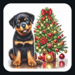 Rottweiler Welpe von einem Weihnachtsbaum mit Gesc Quadratischer Aufkleber<br><div class="desc">Ein spielerischer Rottweiler-Welpe sitzt auf einem Holzfußboden vor einem schön dekorierten Weihnachtsbaum.</div>