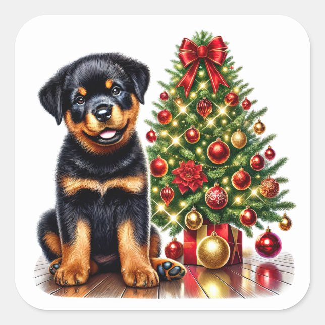 Rottweiler Welpe von einem Weihnachtsbaum mit Gesc Quadratischer Aufkleber (Vorderseite)