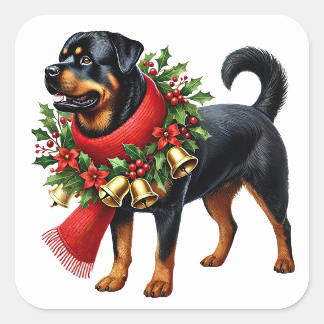 Rottweiler zu Weihnachten verkleidet Quadratischer Aufkleber (Vorderseite)