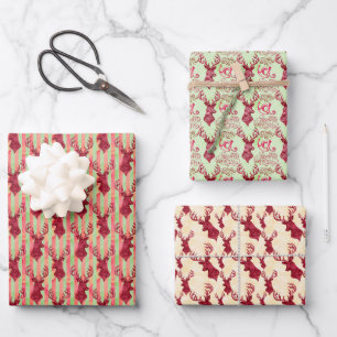 Rotwasserfarbe Hirschkopf Geschenkpapier Set