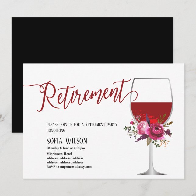 Rotwein, Blütenwein, Party in Rente Einladung (Vorne/Hinten)