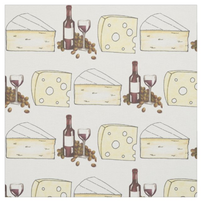 Rotwein Flasche und Brie Schweizer Käse Lebensmitt Stoff (Muster)