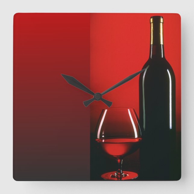 Rotwein-Flasche und Glas-Wanduhr Quadratische Wanduhr (Vorderseite)