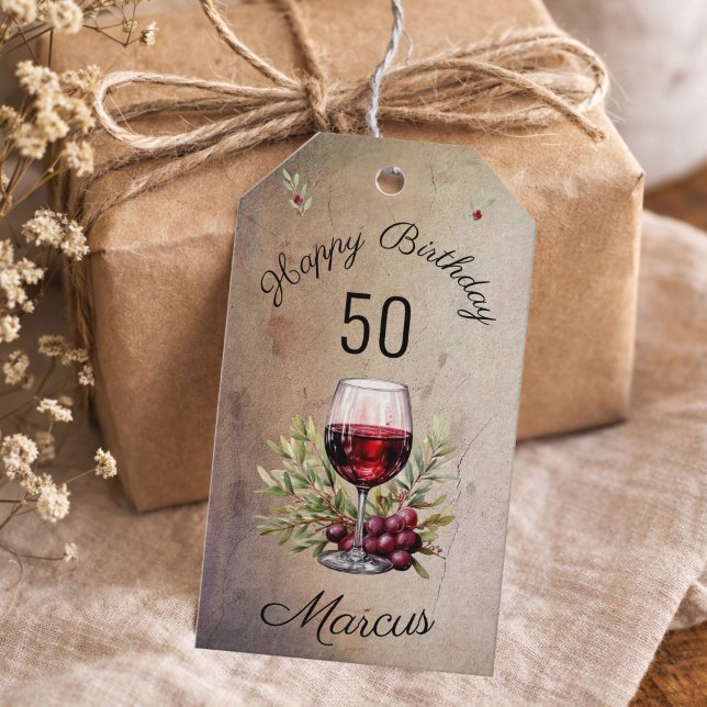 Rotwein Glas Olive Wasserfarbe 50. Geburtstag Geschenkanhänger (Von Creator hochgeladen)