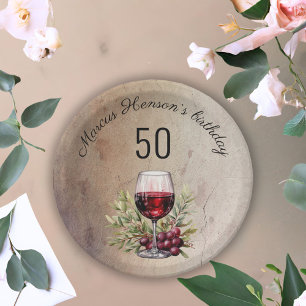 Rotwein Glas Olive Wasserfarbe 50. Geburtstag Pappteller
