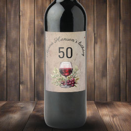 Rotwein Glas Olive Wasserfarbe 50. Geburtstag Weinetikett