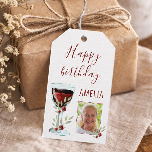 Rotwein-Rosen-Aquarell-Foto 60. Geburtstag Geschenkanhänger