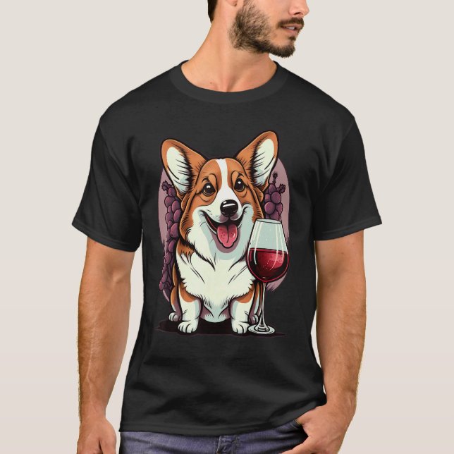 Rotwein trinkender Welsh Corgi T-Shirt (Vorderseite)